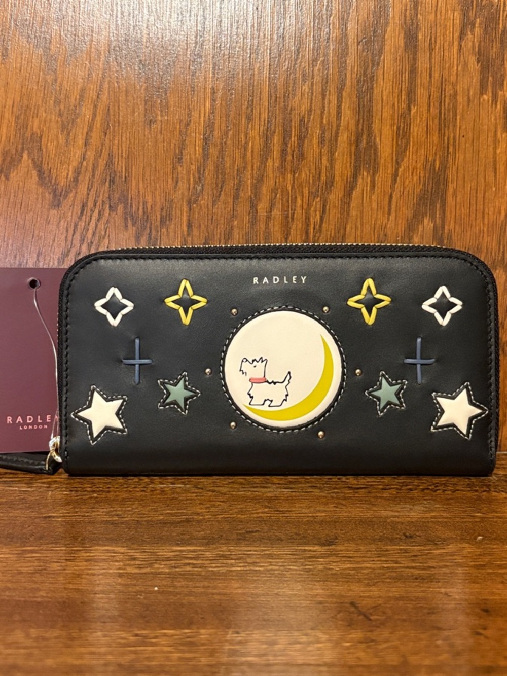 NWT-Radley London-To The Moon-Large Zip Around Wallet-Black-Appliqué Stars-$148